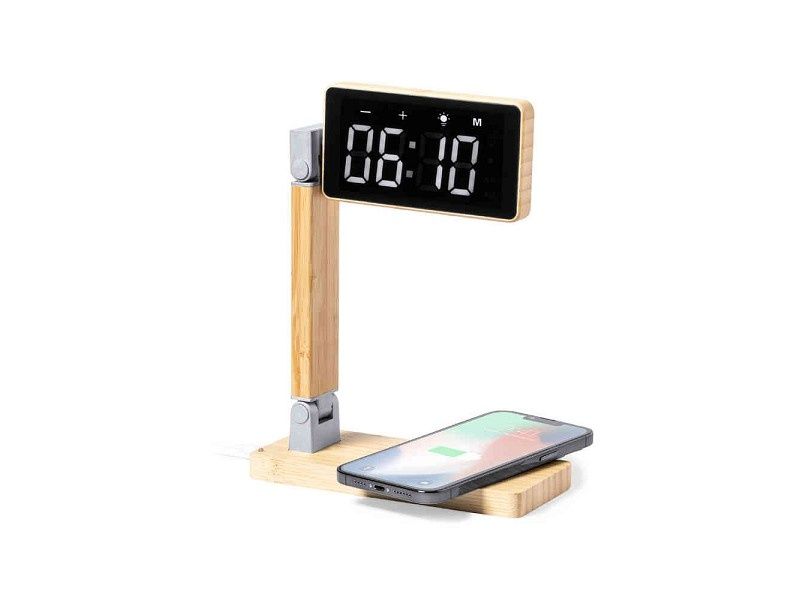Relógio Multifuncional em Bambu com Carregamento Wireless 15W