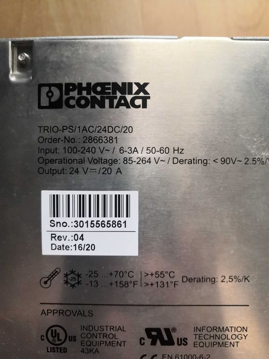 Fonte alimentação Nova Phoenix Contact Trio-PS/1AC/24DC/20 Nova