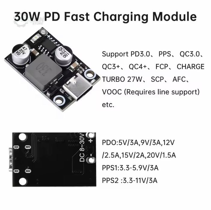 30 Вт Type-C  QC3.0, QC2.0 понижувальний/перетворювач постійного струму (ціна за шт.)