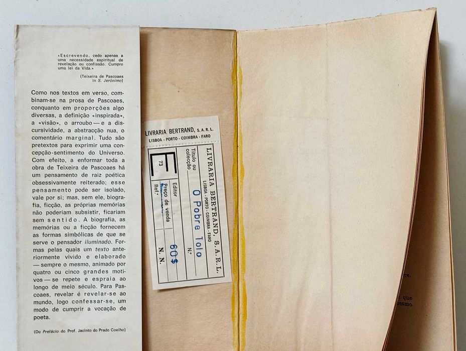 1973, Obras Completas de Teixeira de Pascoaes, O POBRE TOLO – IX volume – Prosa III. Em bom estado geral.