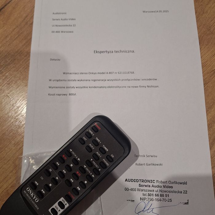 Wzmacniacz ONKYO A-807/A-8850 nowy Pilot Dokument -Serwisowy