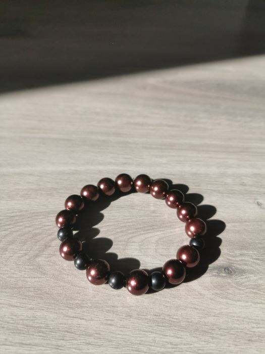Handmade Męska Bransoletka Onyks Matowy Koraliki Brązowa Czarna