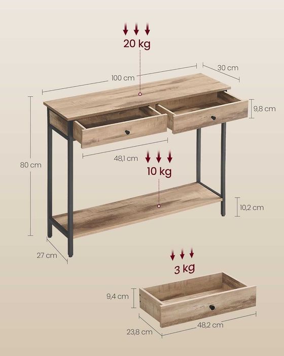 Stolik konsolowy z 2 szufladami,wielbłądzi brąz