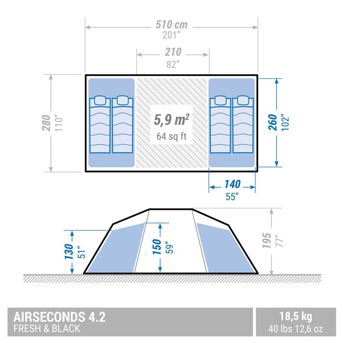 Tenda de Campismo Insuflável Air Seconds 4.2 Fresh & Black, 4