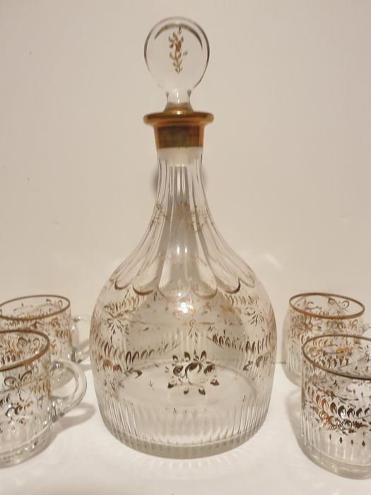 Fantastic antique crystal liqueur decanter with gold painting