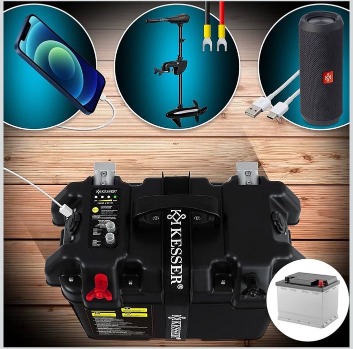 Caixa de bateria para barco, autocaravanas, tomada 12v, usb-c, usb.