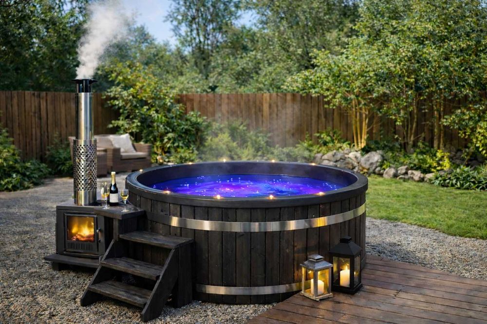 BALIA OGRODOWA z piecem 35kw, jakuzzi, ruska bania, led, hydromasaż