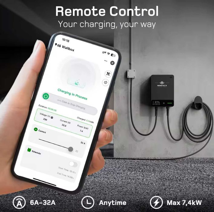Wallbox Carregador Parede - 7 kw - C/ APP e Cartões - 7,5 metros Cabo