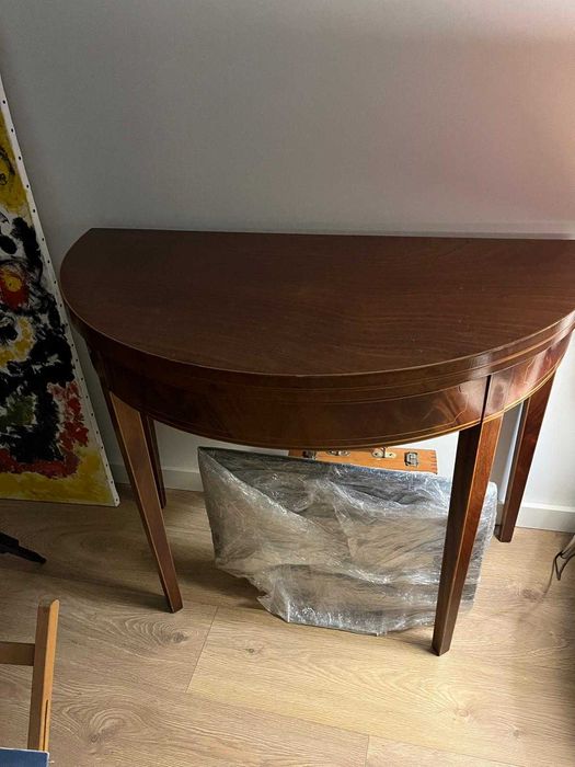 Mesa de jogo / consola meia-lua em madeira com feltro verde