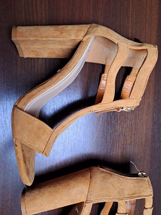 Sandały zamsz słupek camel 37 karmel sexy