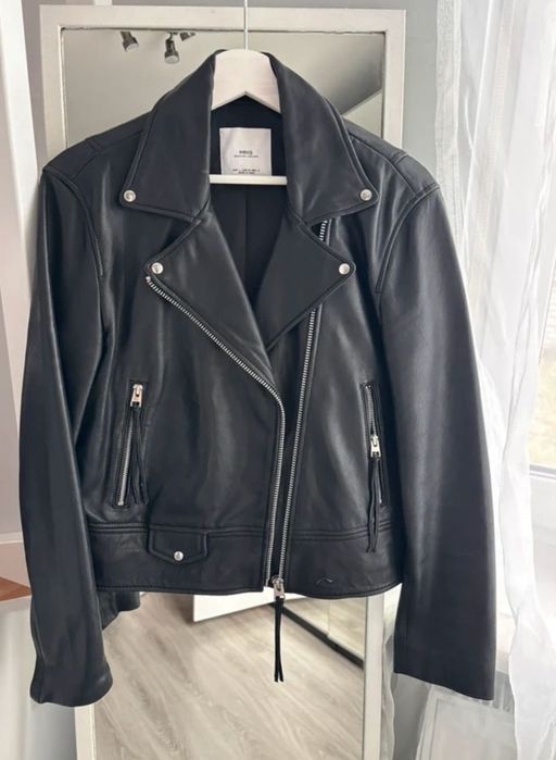 Skóra 100% Mango Klasyczna kurtka Ramoneska Biker