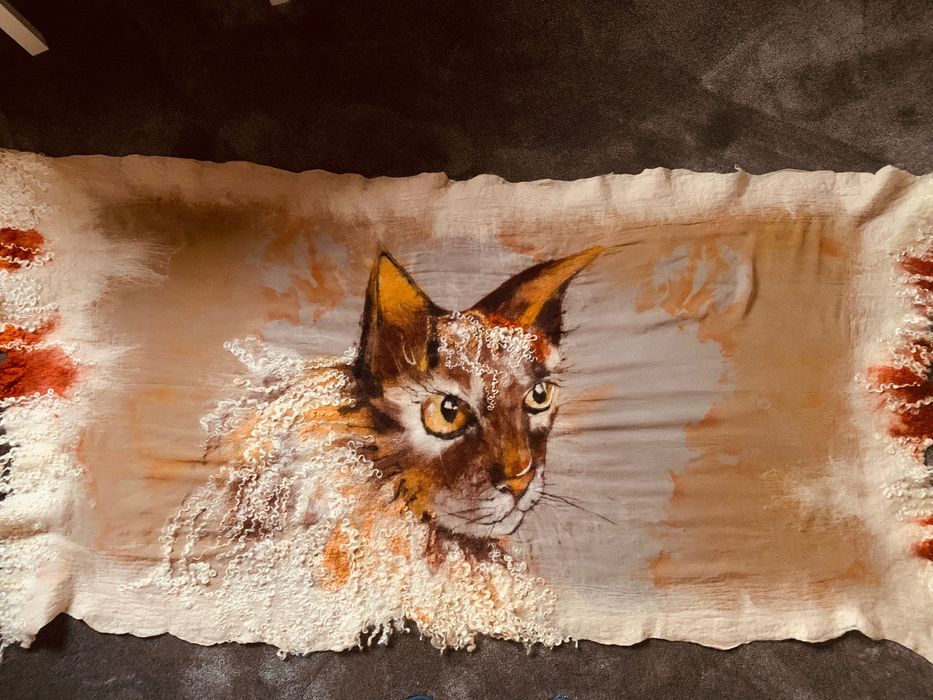 Szal Chusta ponczo wełna jedwab rękodzieło kot