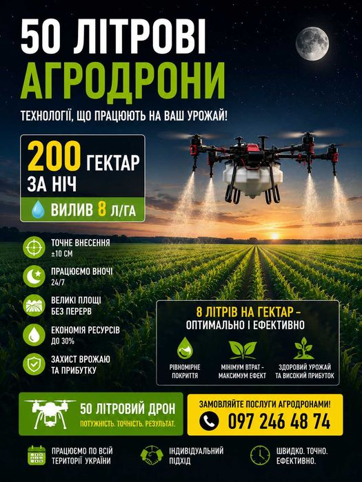 Обприскування полів агродронами 50л | Внесення ЗЗР, гербіцидів, фунгіцидів Послуги агродронів | Обробка полів дронами, внесення ЗЗР та рідких добрив