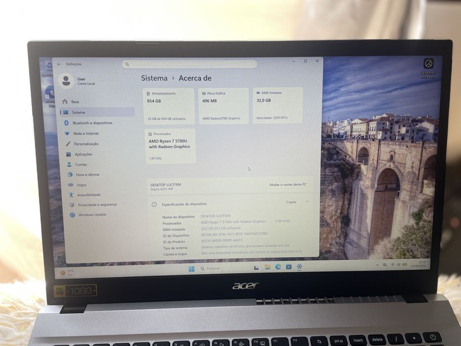 Portátil Acer Aspire 3, AMD ryzen 7, 32GB RAM, 1TB SSD, W11 PRO, guarantia até 2028