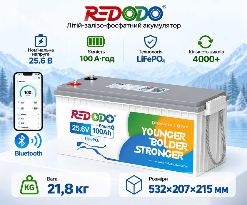 Літій-залізо-фосфатний акумулятор Lifepo4 Redodo акумуляторна батарея 24V 100Ah, BMS 2560Wh