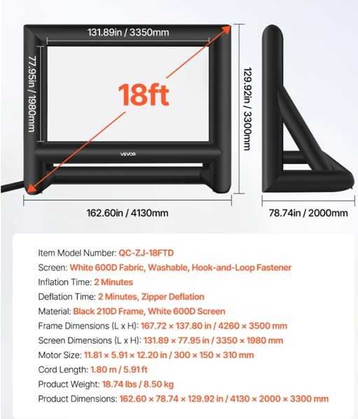 Tela de Projeção Insuflável VEVOR 18FT + Soprador 250W – Nova