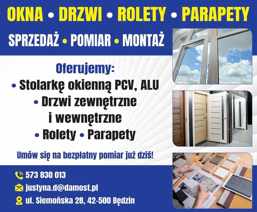 Montaż, Sprzedaż, Wymiana Okien, Drzwi, Rolety Bramy