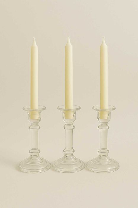 3 Castiçais vintage em vidro transparente prensado