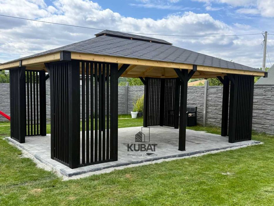 Nowoczesna altana drewniana 4x6 | altana ogrodowa z czarnymi lamelami