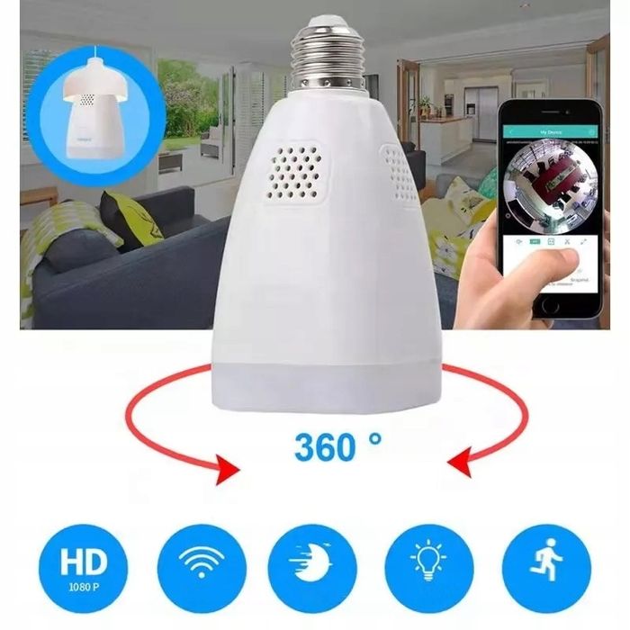 Bezprzewodowa Kamera Żarówka E27 Ip Wifi 3Mpx Led 360°