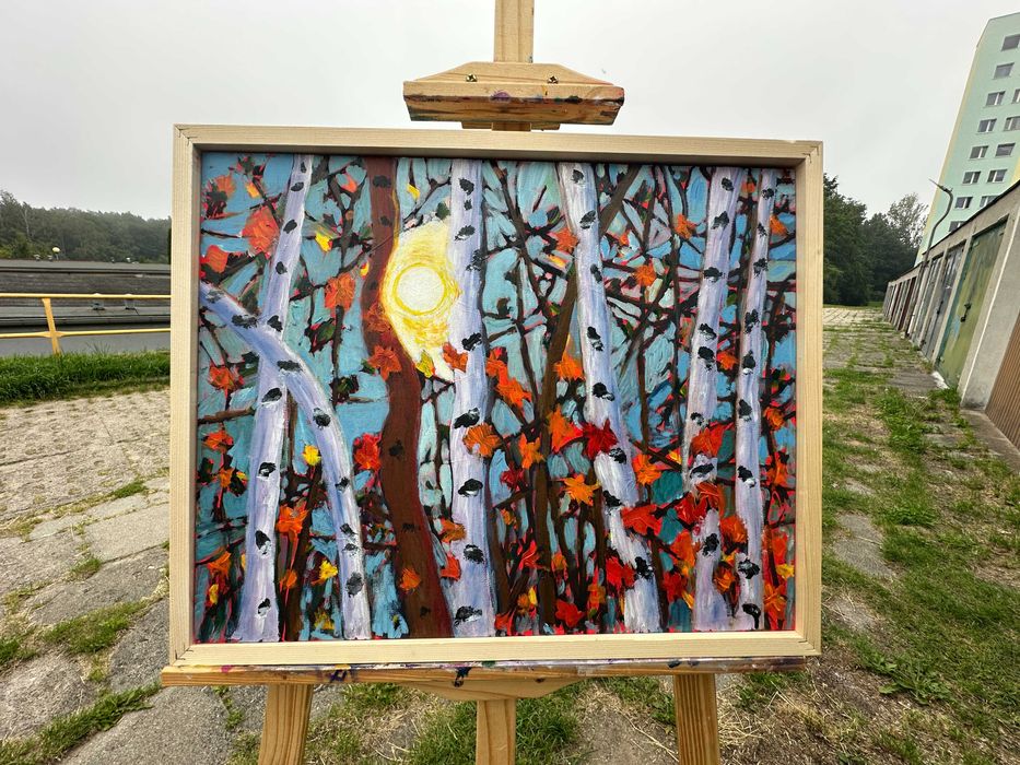 „Jesienny blask" – obraz olejny 40x50 cm, abstrakcja natury, w ramie