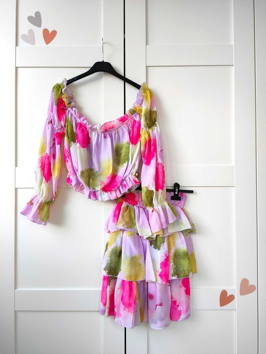Komplet spódniczka + bluzka hiszpanka falbany boho lila S M L