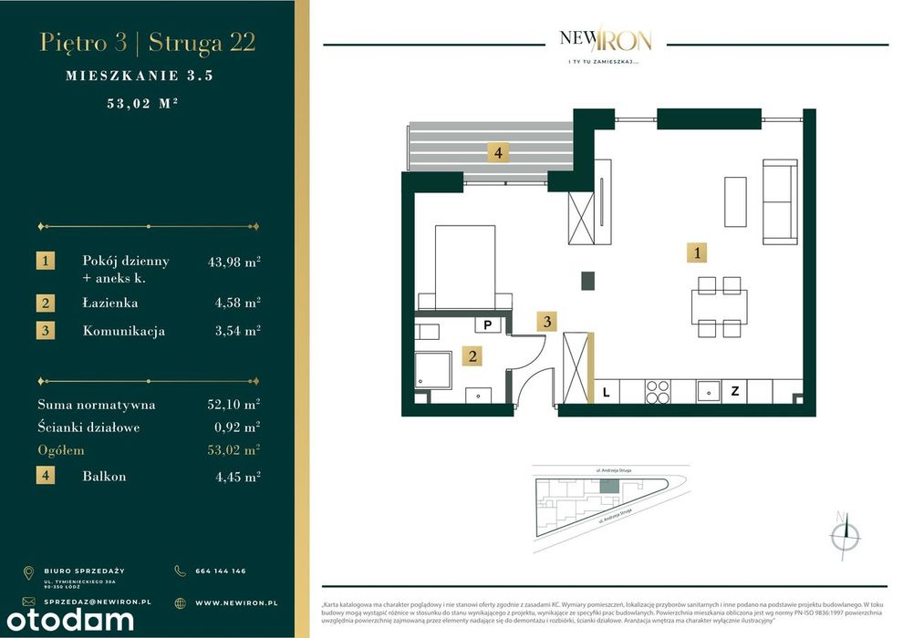 2- pokojowe mieszkanie 53m2 + balkon bezpośrednio