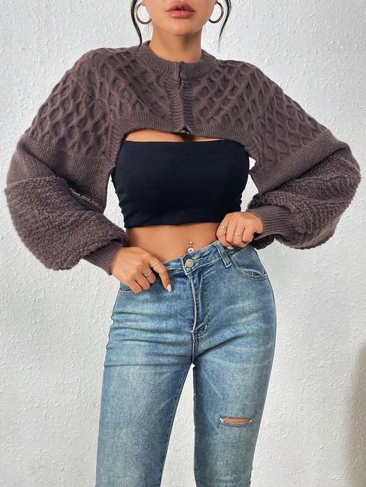 Kardigan Sweterek Krótki Z Bufiastymi Rękawami Brązowy Casual Shein S