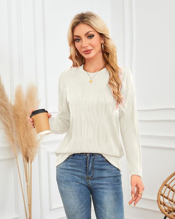 Sweter damski falowany - elastan - okrągły dekolt - biały L