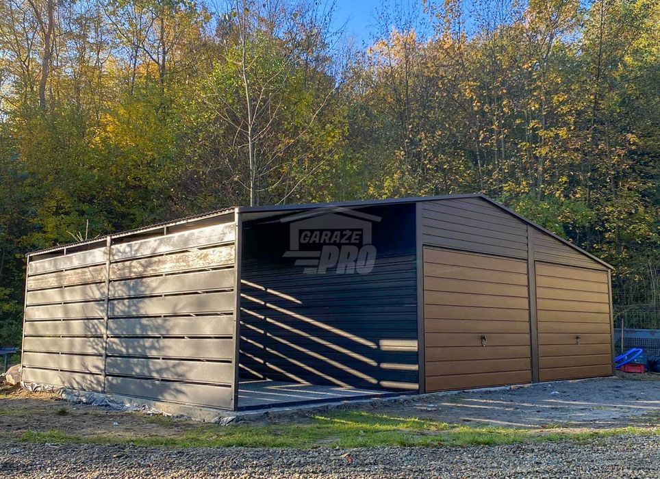 Garaż blaszany 6x6m - wiata 3m - 2x Brama   drewnopodobny GP681