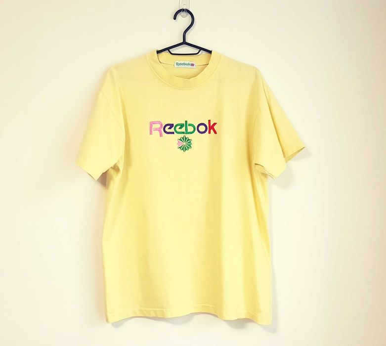 Żółty cytrynowy t-shirt Reebok vintage big central logo streetwear y2k