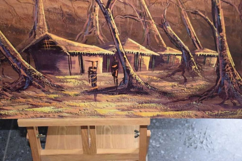 Quadro africano (Angola) pintado a tinta de óleo – Cubatas na Floresta – 1997
