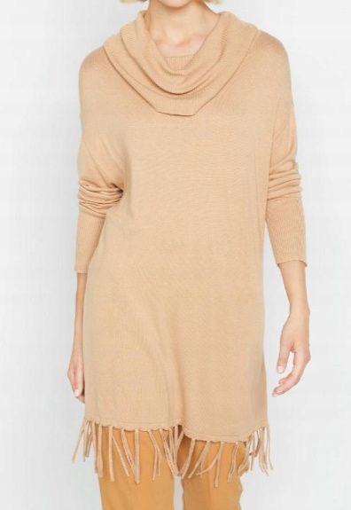 B.P.C beżowy sweter z szerokim golfem i frędzlami ^36/38