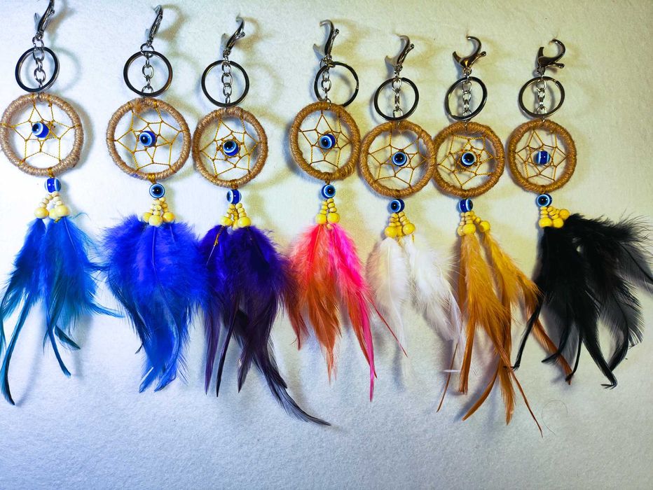Chaveiro apanhador de sonhos feito à mão pena olho Grego bolsa boho amuleto