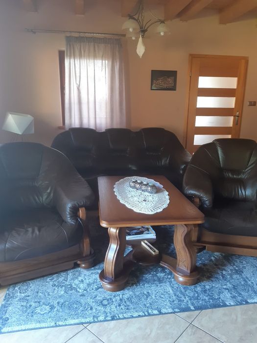 Stylowy Dębowy Skórzany Komplet wypoczynkowy Sofa Fotel Ława