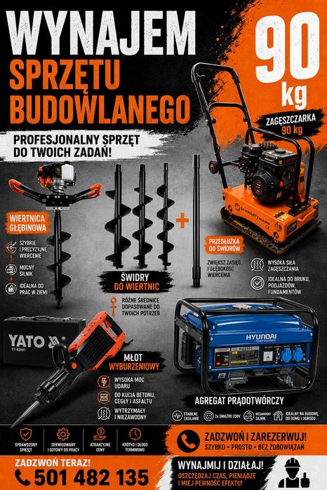 Wynajem zagęszczarki 90kg, agregatu, świdra,młota