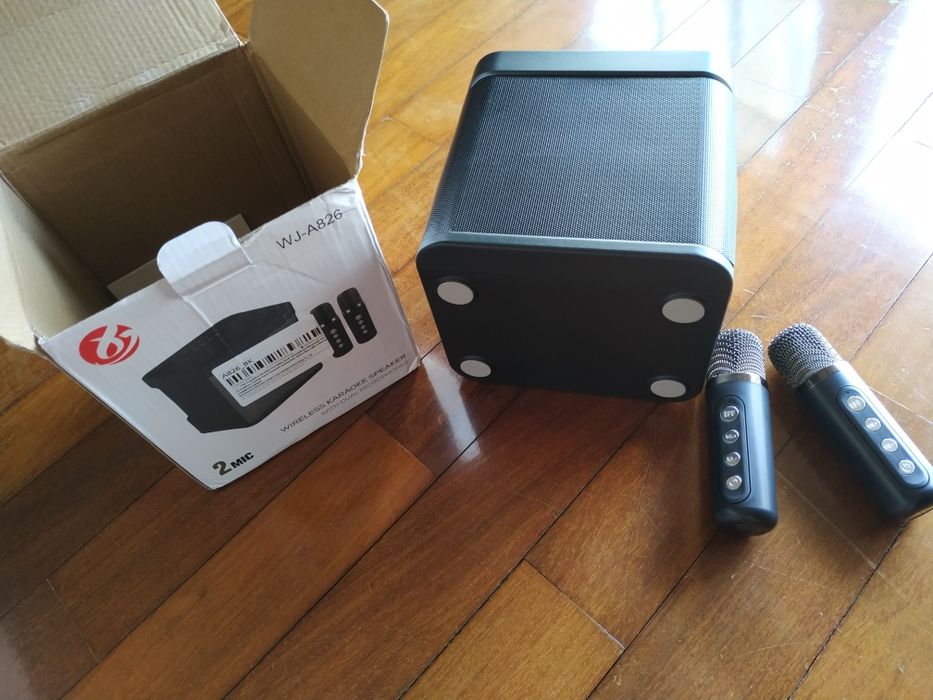 Coluna e microfones de karaoke sem fio