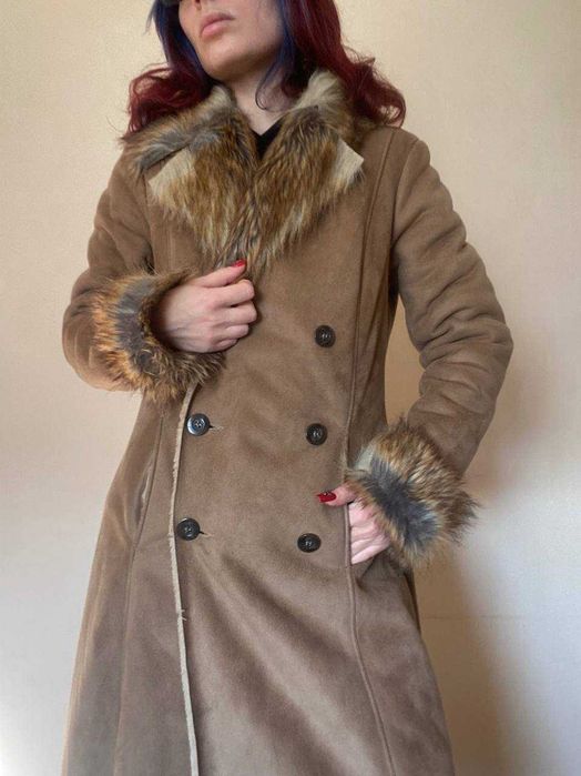 Тепла бежева дублянка штучна, вінтажне пальто, хутро, y2k,