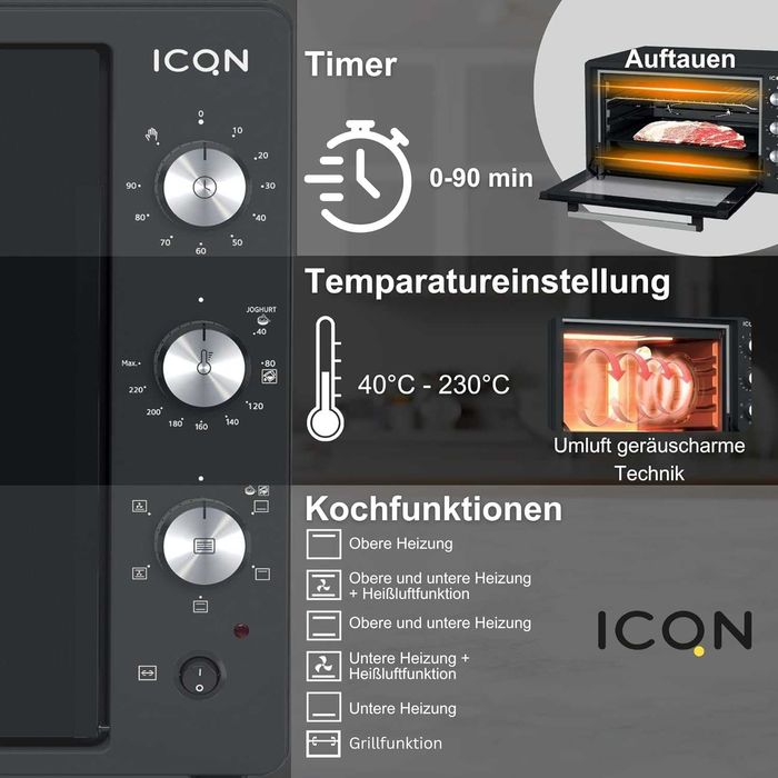 ICQN Minibackofen 60 litrów XXL , 1800 W ,Umluft Pizza-Ofen