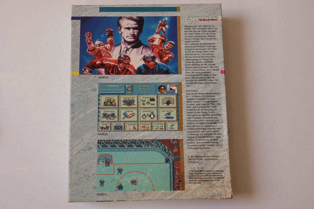 Gra Eishockey Manager wyd. Software 2000 na Komputery Retro Commodore Amiga 500 600 1200 Atari ST IBM Disc 3,5" 1993 Big Box Komplet Stan Dobry Minus