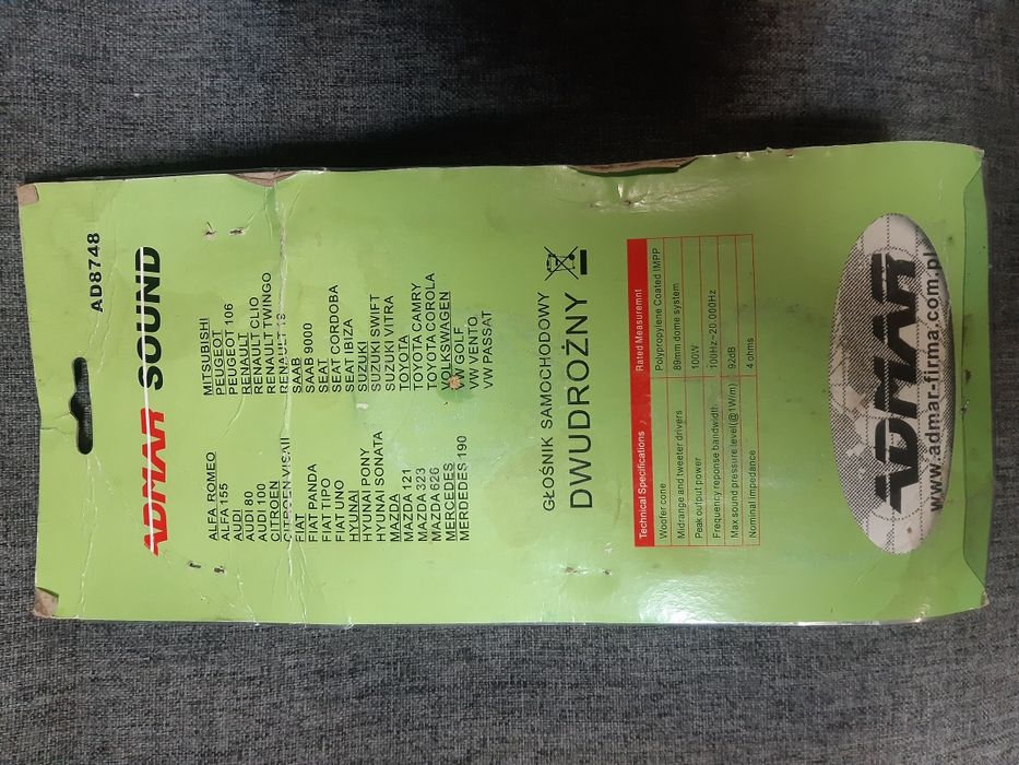 Głośniki samochodowe dwudrożne 100w 89mm zielone, itp.