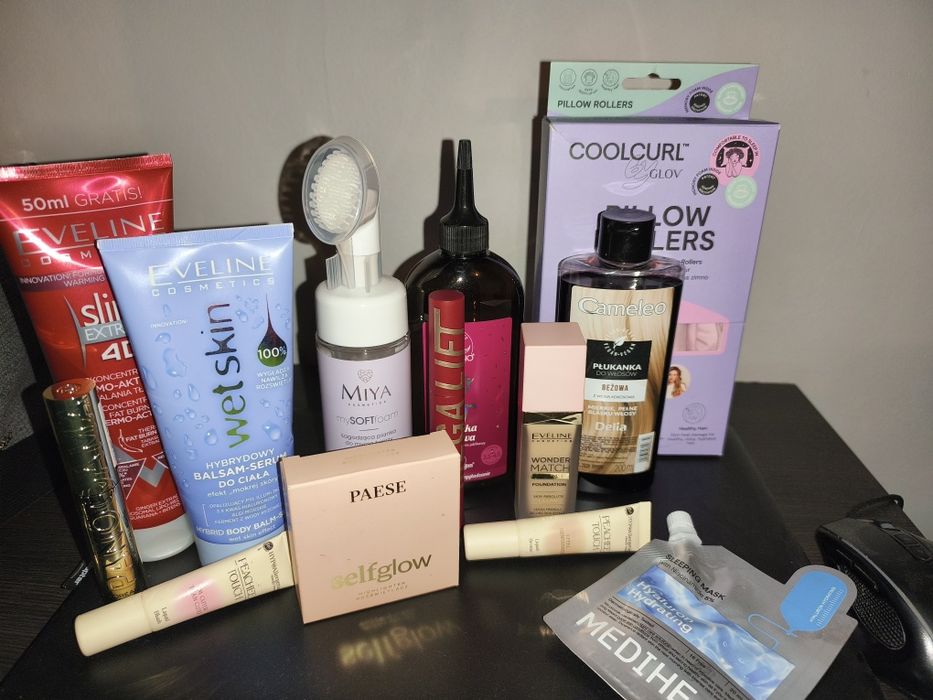 Zestaw kosmetyków: Paese Selfglow,Delia,Eveline cosmetics,Miya Cosmetics,mediheal,Rimmel