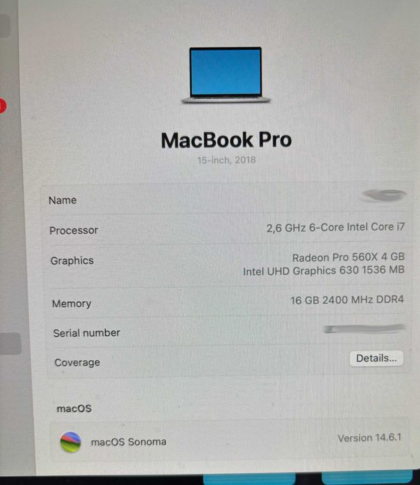 MacBook Pro 15" 2018 i7 16GB – Avariado – Para Peças ou Reparação