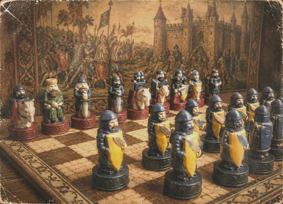 Jogo Xadrez Afonso X Medieval 32 peças tabuleiro e caixa arrumação