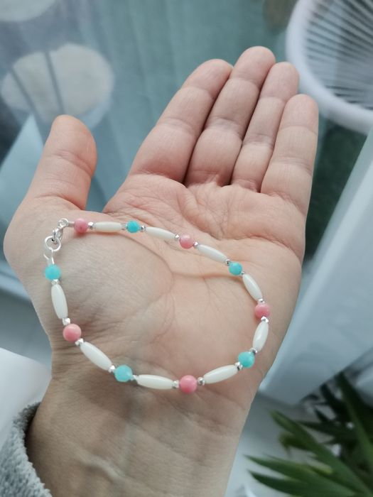 Bransoletka kamienie koral amazonit srebro 925 hematyt na lince