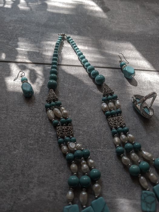 Винтажный набор, ожерелье серьги кольцо цвет бирюза