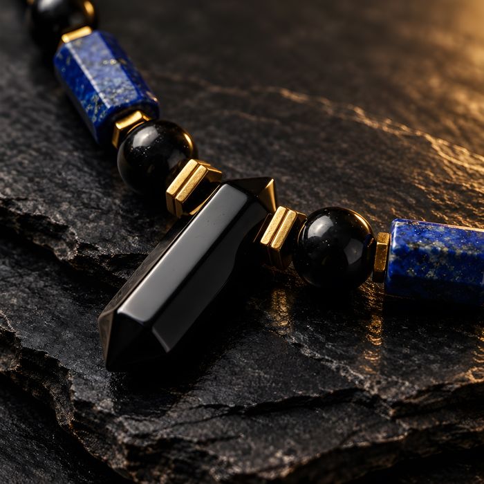 Naszyjnik męski - Lapis Lazuli, Onyks, Hematyt - stal szlachetna - PVD