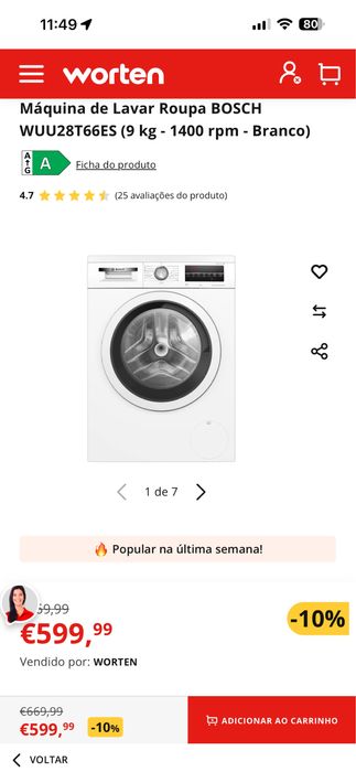 Máquina de Lavar Roupa BOSCH WUU28T66ES (9 kg - 1400 rpm