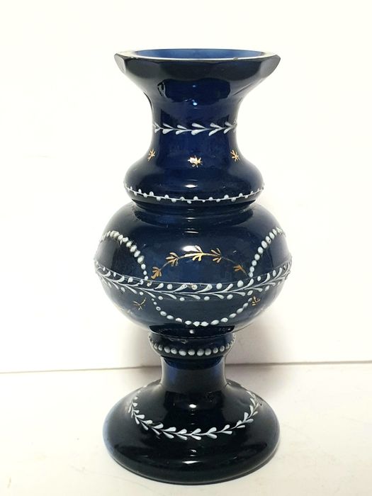 Exquisite antique cobalt blue enamel hand-painted glass bottle