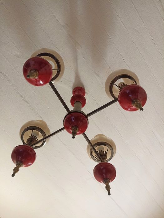 Lustre vintage de teto com 5 braços – vidro e metal